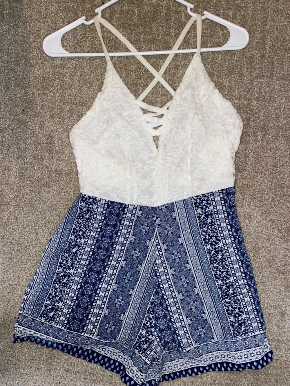 rue21 White Lace Top with Navy Accents Romper
